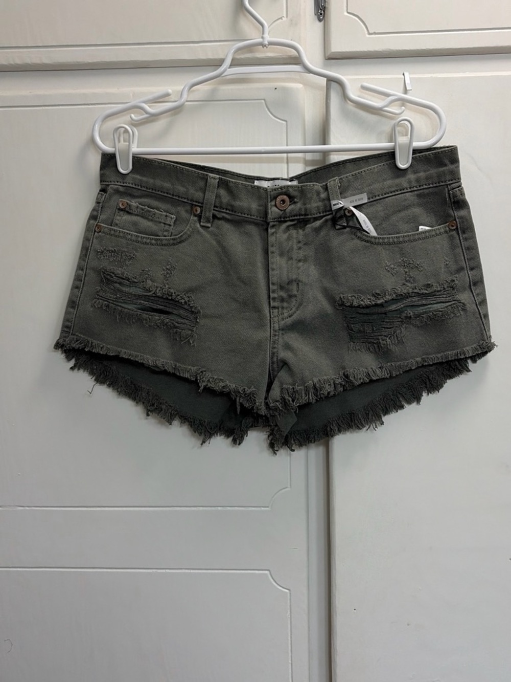 pistola Olive Green Distressed Frayed Hem Denim Shorts